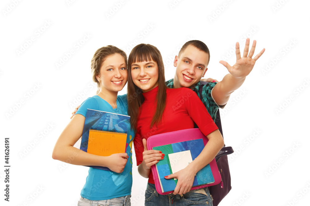 College friends with books, isolated on white background College friends with books, isolated on white background