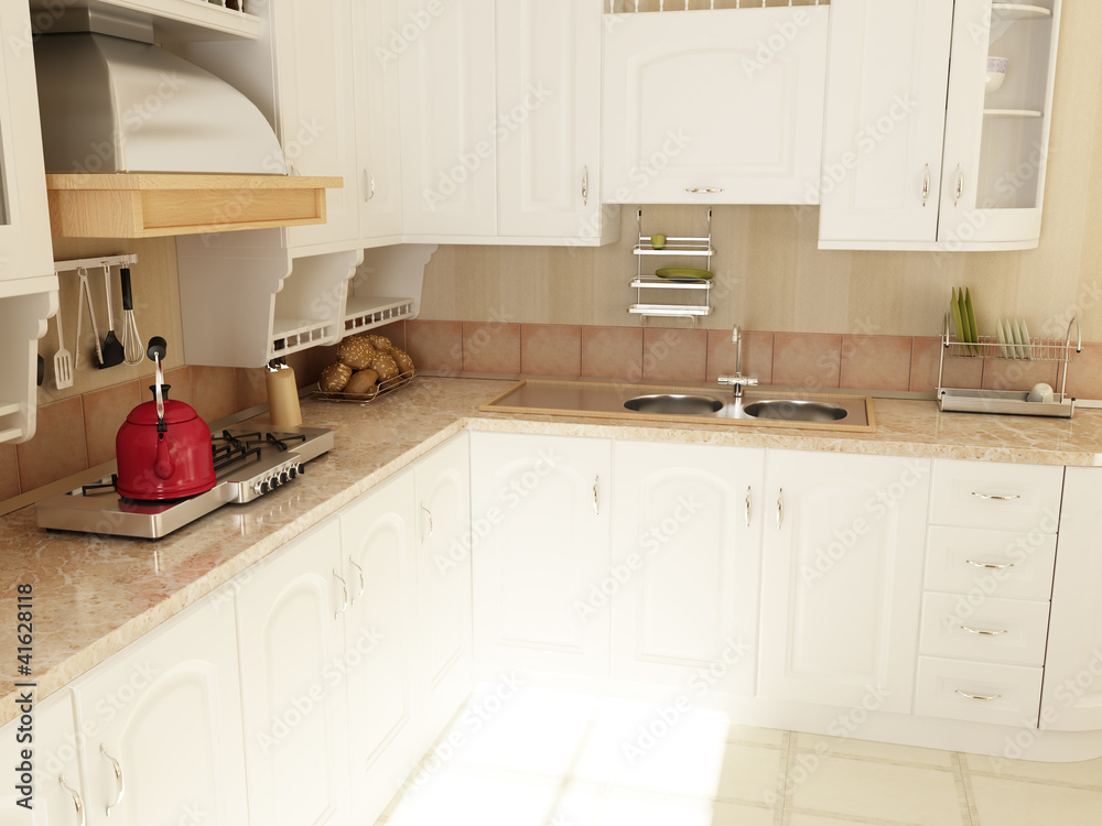 Cocina clásica con tetera roja Cocina clásica con tetera roja