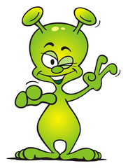Fototapete Kosmos Grüner Alien zeigt freundlich  © jokatoons