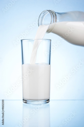 Pouring milk from a bottle into a glass on a blue background