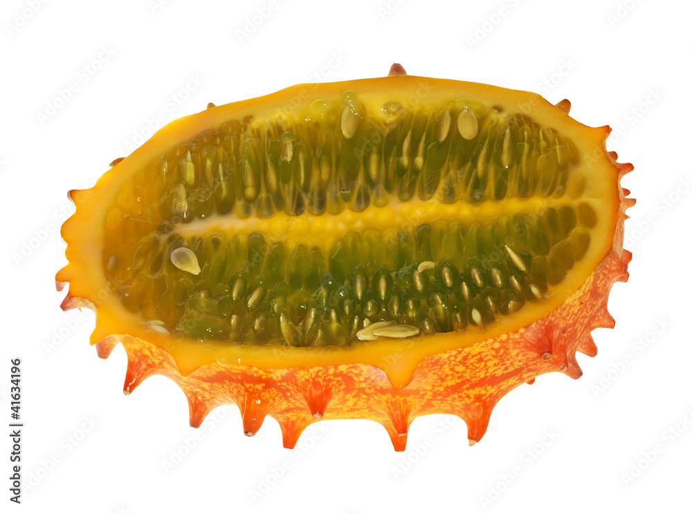 half of orange kawani cucumber on white half of orange kawani cucumber on white