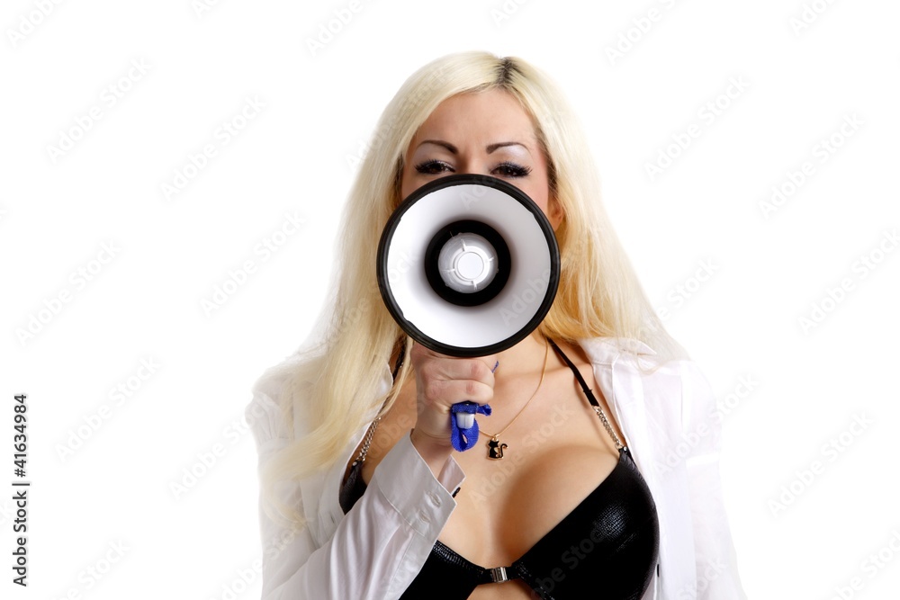 Fototapeta premium blond sexy woman with a megaphone (white background)