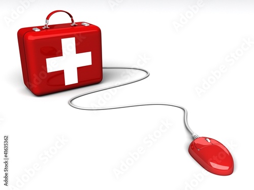 red medical box with a white cross connected to a computer mouse