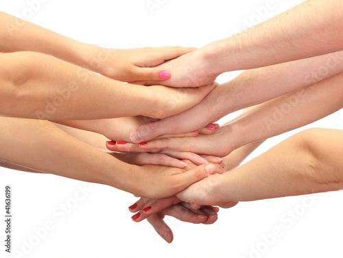 group of young people s hands isolated on white