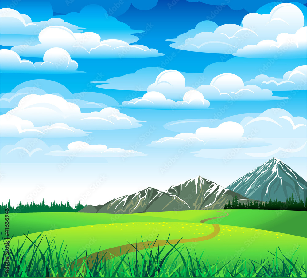 Obraz premium Green landscape with meadow and mountains