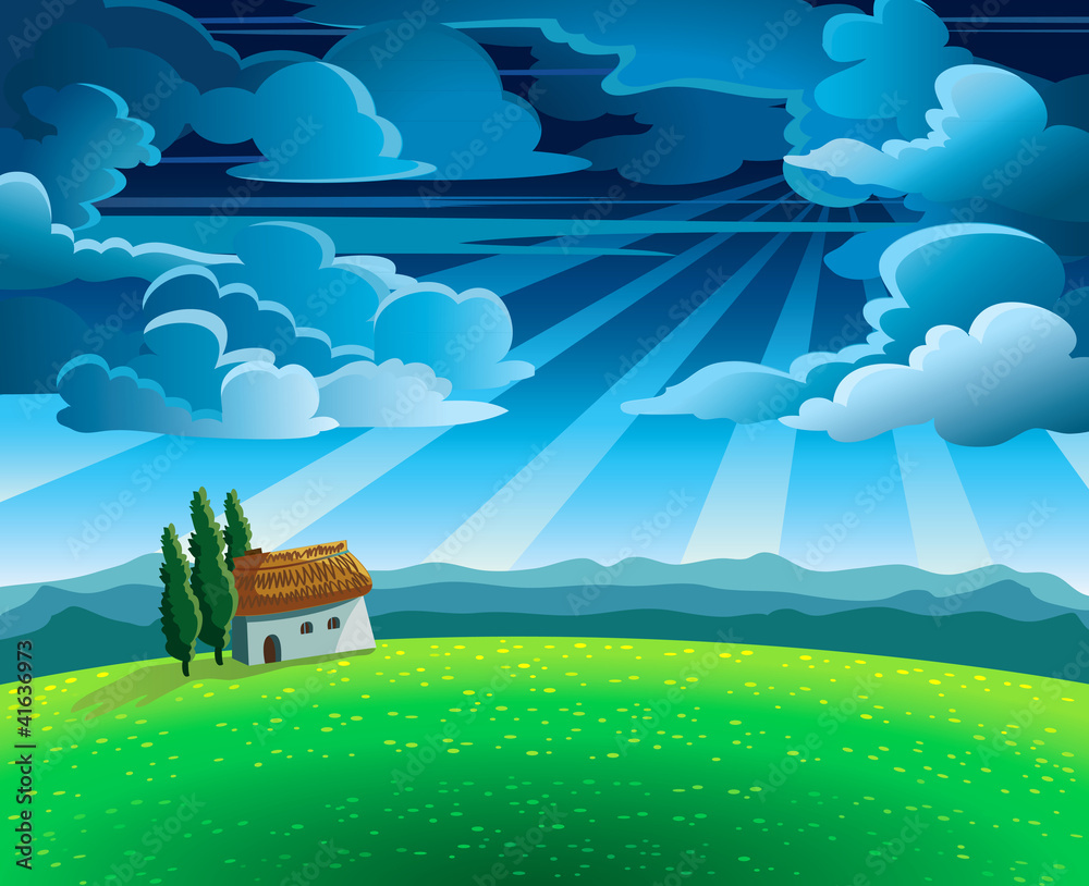 Obraz premium Landscape with flourishing meadow, house and cloudy sky