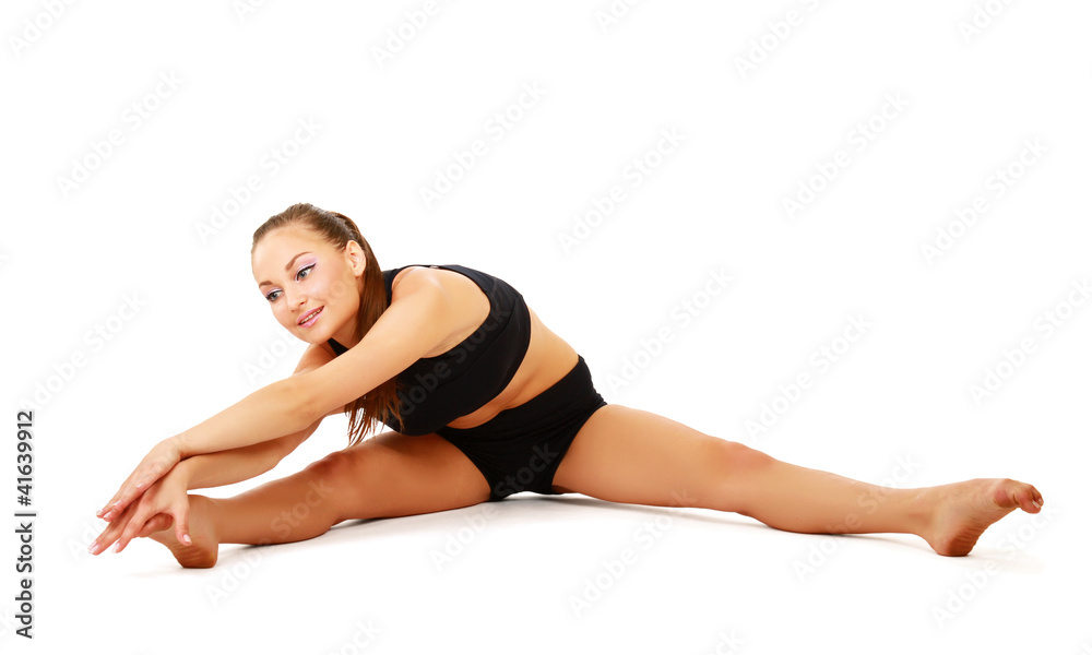 smiling woman doing stretching excersises