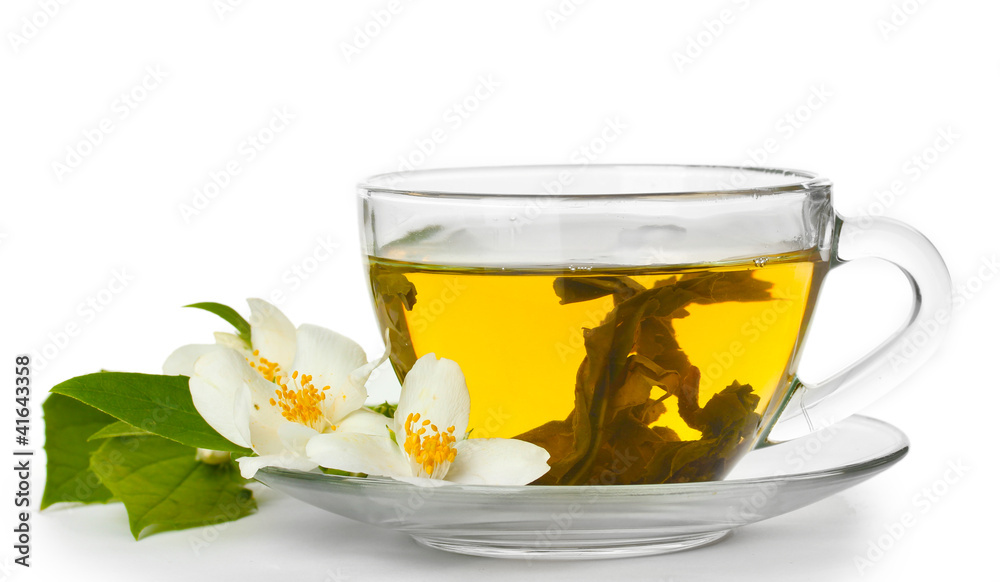 cup of green tea with jasmine flowers isolated on white cup of green tea with jasmine flowers isolated on white