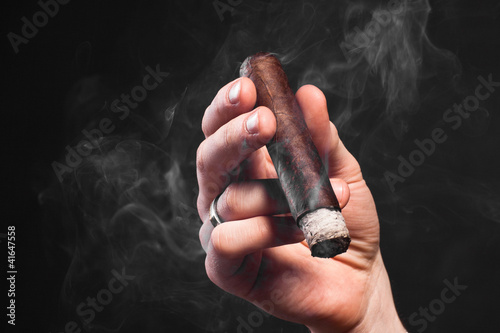 Fotografie Closeup photo of man hand holding big brown smoking cigar