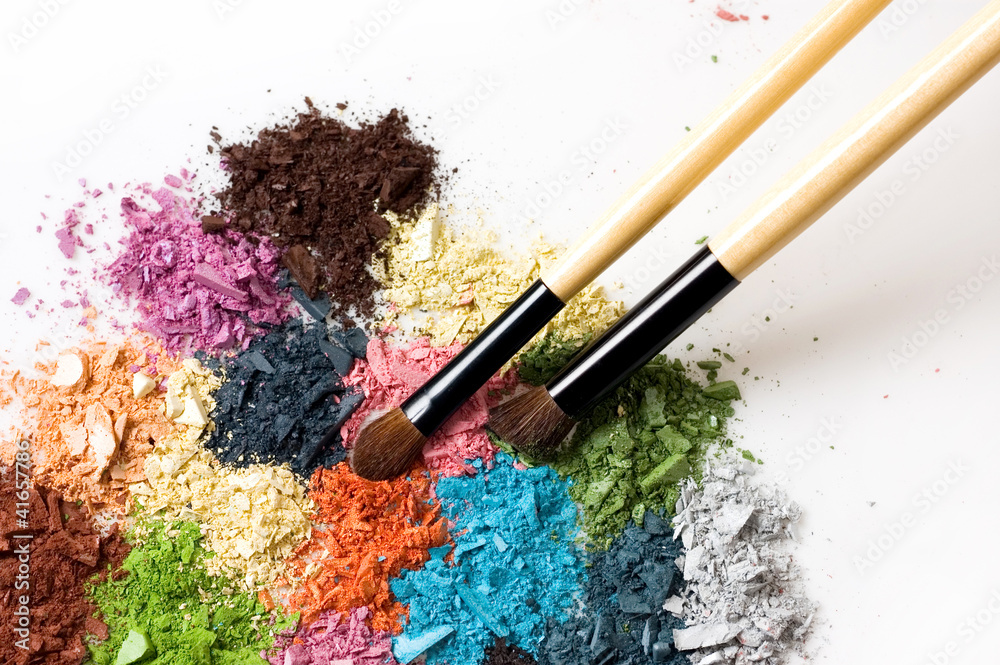 Closeup of blush and multicolor crushed eyeshadows