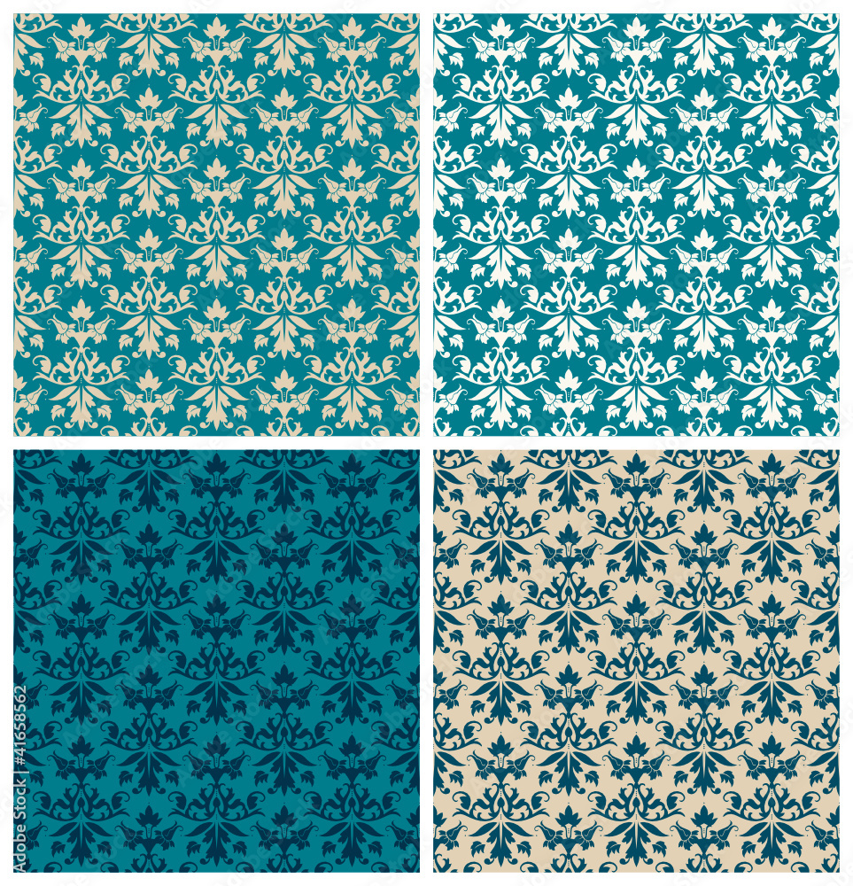 4 Seamless Flowers/Leafs Damask Pattern Blue