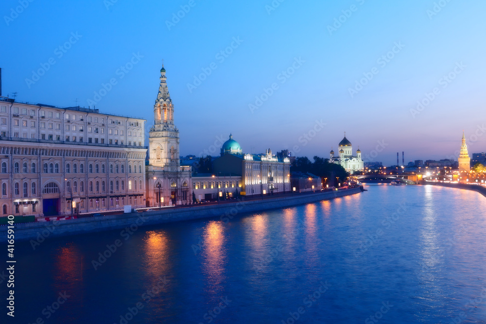 Russia, Moscow, night view of  Moskva River, Bridge and  Kremlin