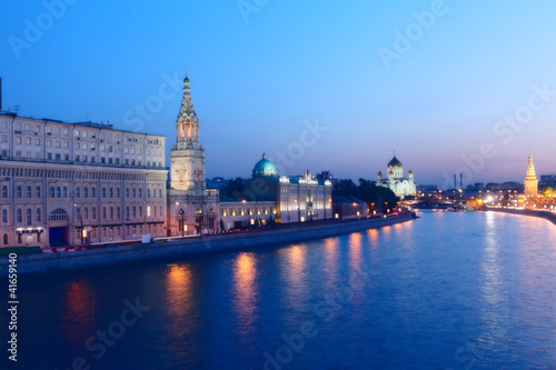 Russia, Moscow, night view of Moskva River, Bridge and Kremlin