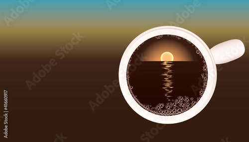 Background with a cup of coffee and rising sun