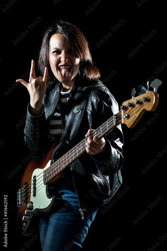 Obraz premium Rock Woman with Electric Bass Guitar