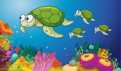 Handdoek met foto Onderwaterwereld Zeeschildpadden zwemmen onder water  © GraphicsRF