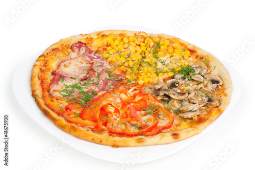 Four-colors pizza isolated on white background