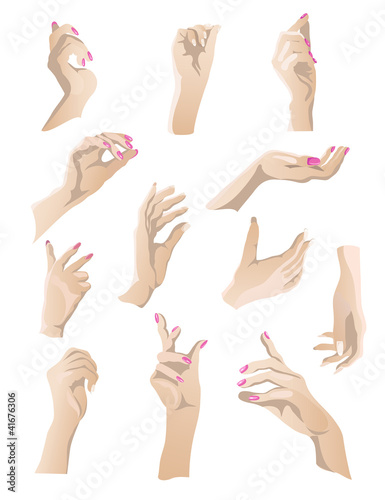 Set of 12 beautiful woman hands gestures.