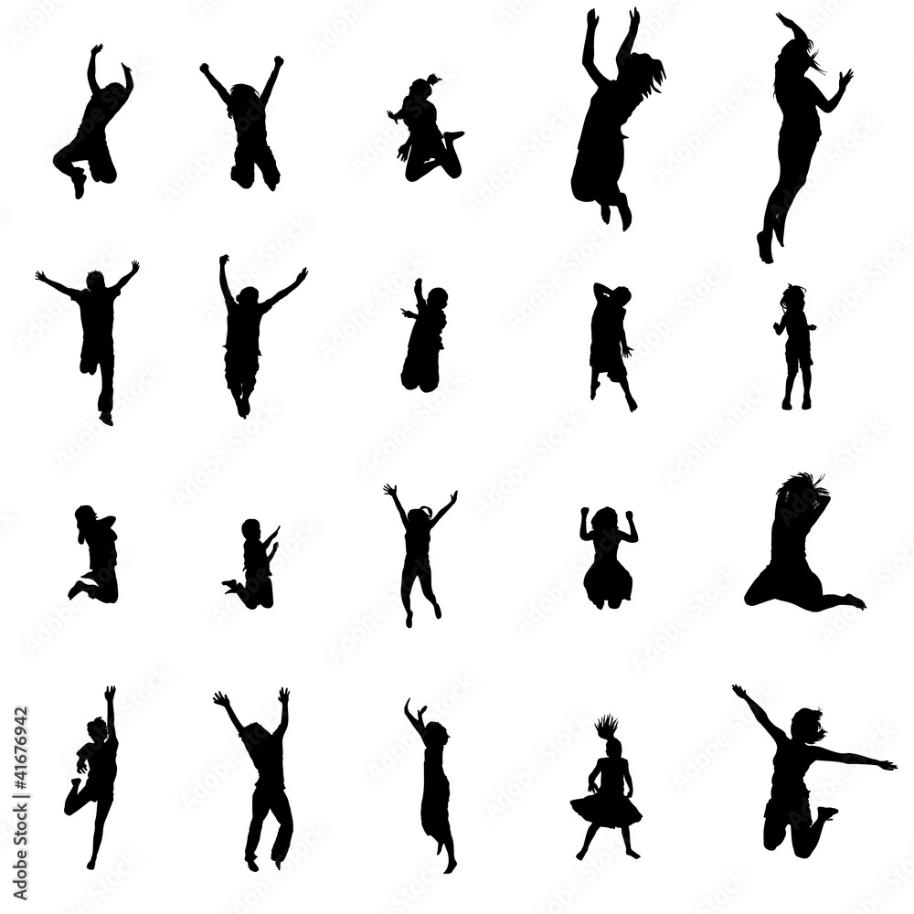 silhouette de femmes et d'enfants qui sautent silhouette de femmes et d'enfants qui sautent