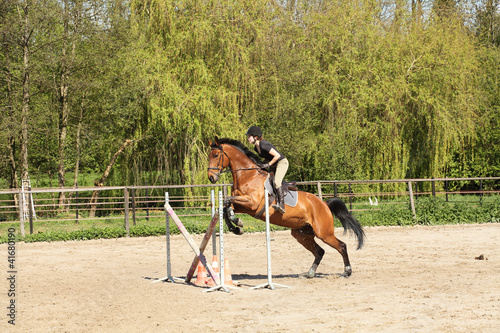 Young woman with a brown horse jump an obstacle