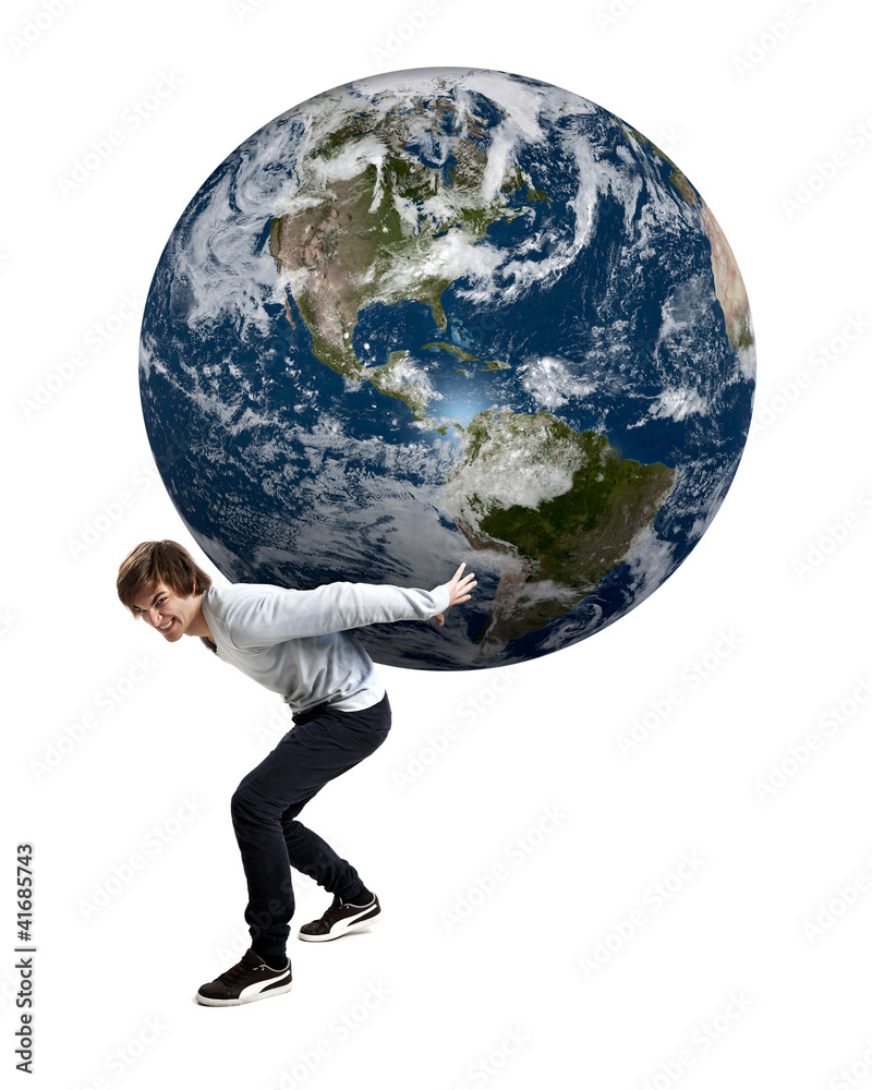 Handsome young man carying the planet earth on its backs Handsome young man carying the planet earth on its backs