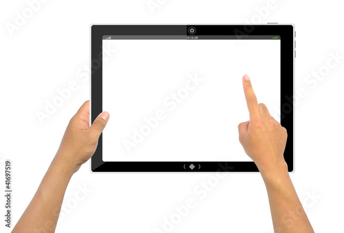 Isolated a male hand holding a touchpad pc