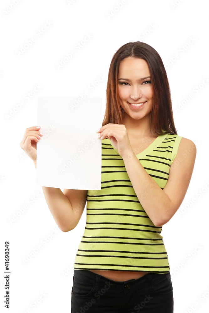 Beautiful woman holding empty white board Beautiful woman holding empty white board