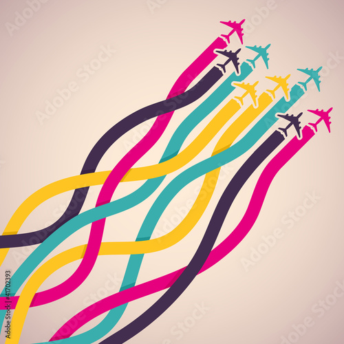 Background with colorful airplanes. Vector illustration.