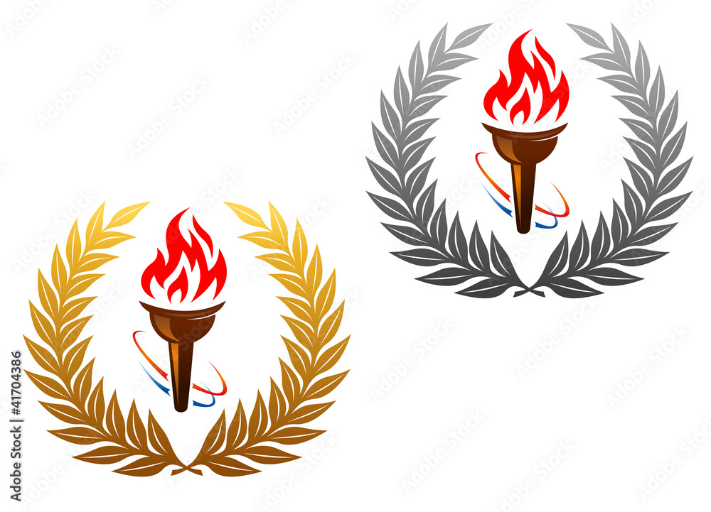 Flaming torch in golden and silver laurel wreath