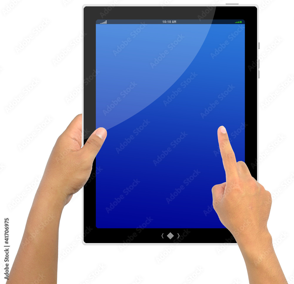 Isolated a male hand holding a touchpad pc blue background Isolated a male hand holding a touchpad pc blue background