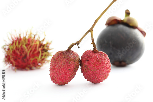 lychee rambutan and mangosteen isolated in white background