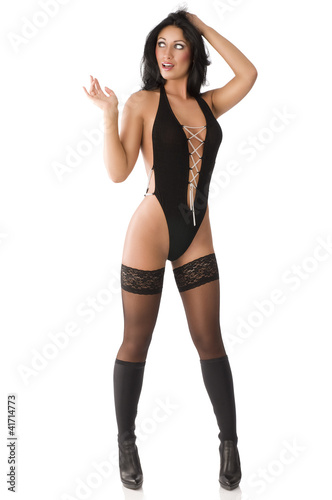pinup in black, her left hand is on the head