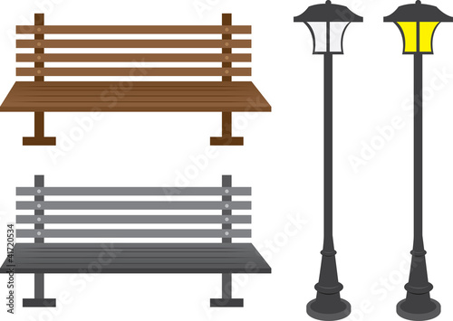 Isolated park benches and light posts