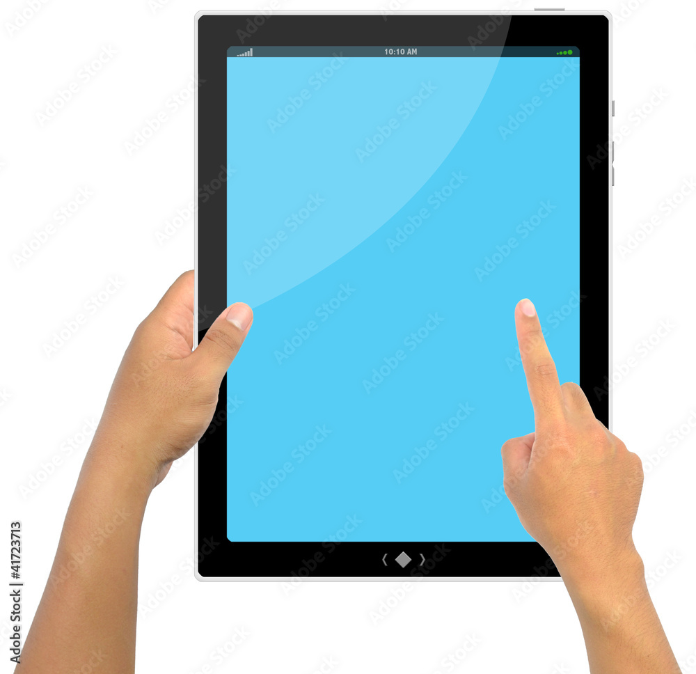 Isolated a male hand holding a touchpad pc blue background Isolated a male hand holding a touchpad pc blue background