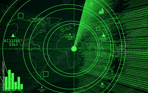 A green radar with a world map photo