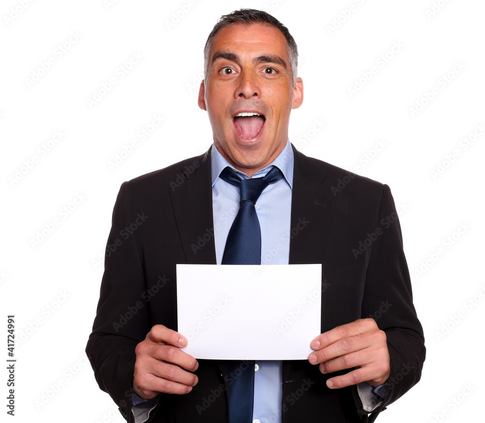 Hispanic friendly man showing a while card Hispanic friendly man showing a while card