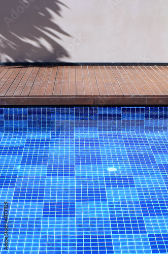 deep blue swimming pool with path, wall and tree shadow