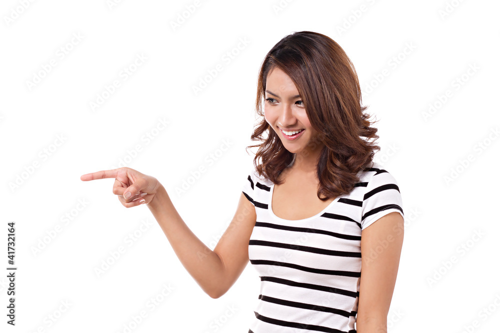 young lady in casual wear with pointing or choosing pose young lady in casual wear with pointing or choosing pose