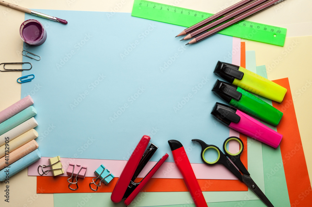 Blue empty sheet with stationery objects. Blue empty sheet with stationery objects.