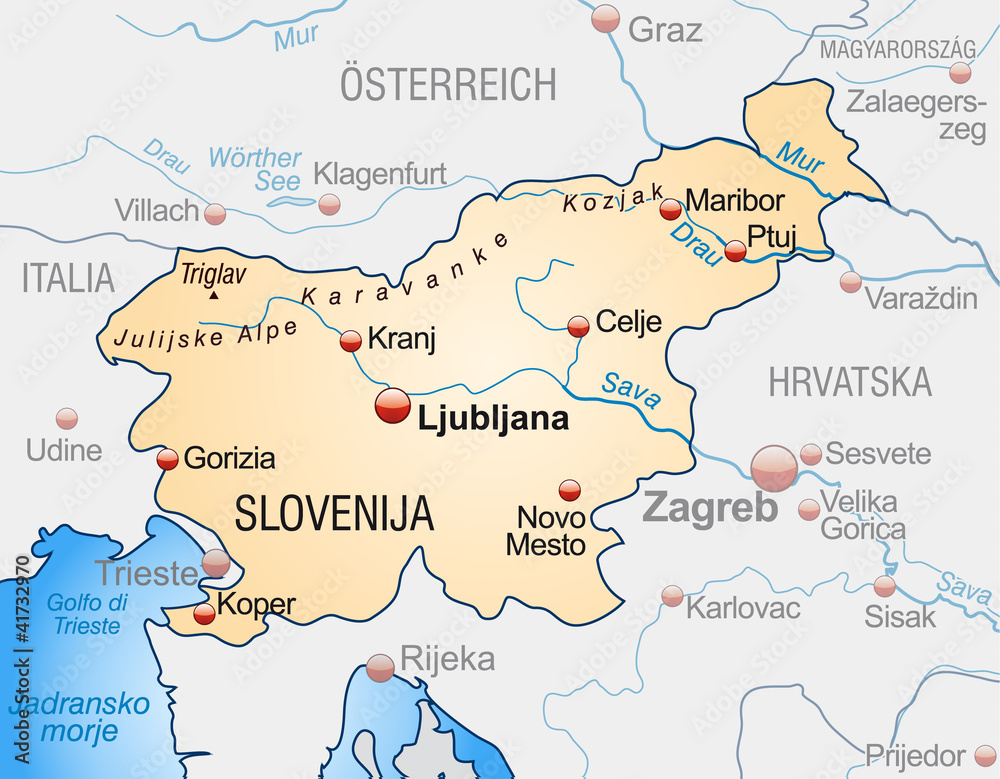 Obraz premium map of slovenia with neighboring countries in orange
