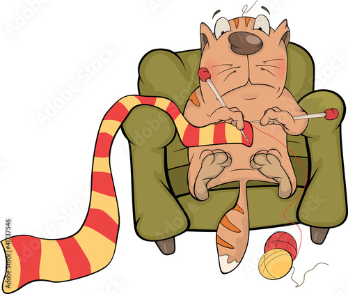 The cat knits a striped scarf. Cartoon