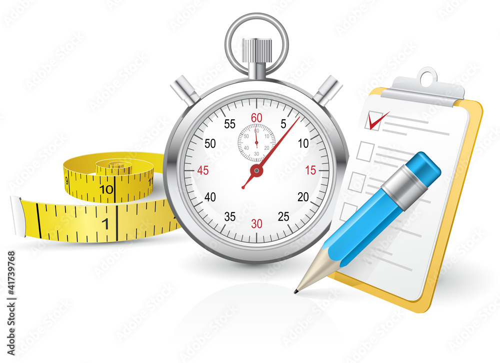 Stopwatch with clipboard and tape measure Stopwatch with clipboard and tape measure