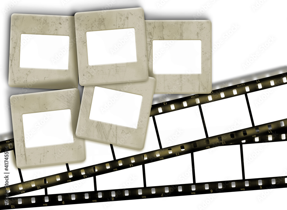 Vintage blank film stripes and blank old slide photo frames on w