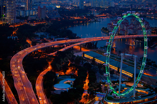 Photography Aerial view on Singapore Flyer from Marina Bay at night