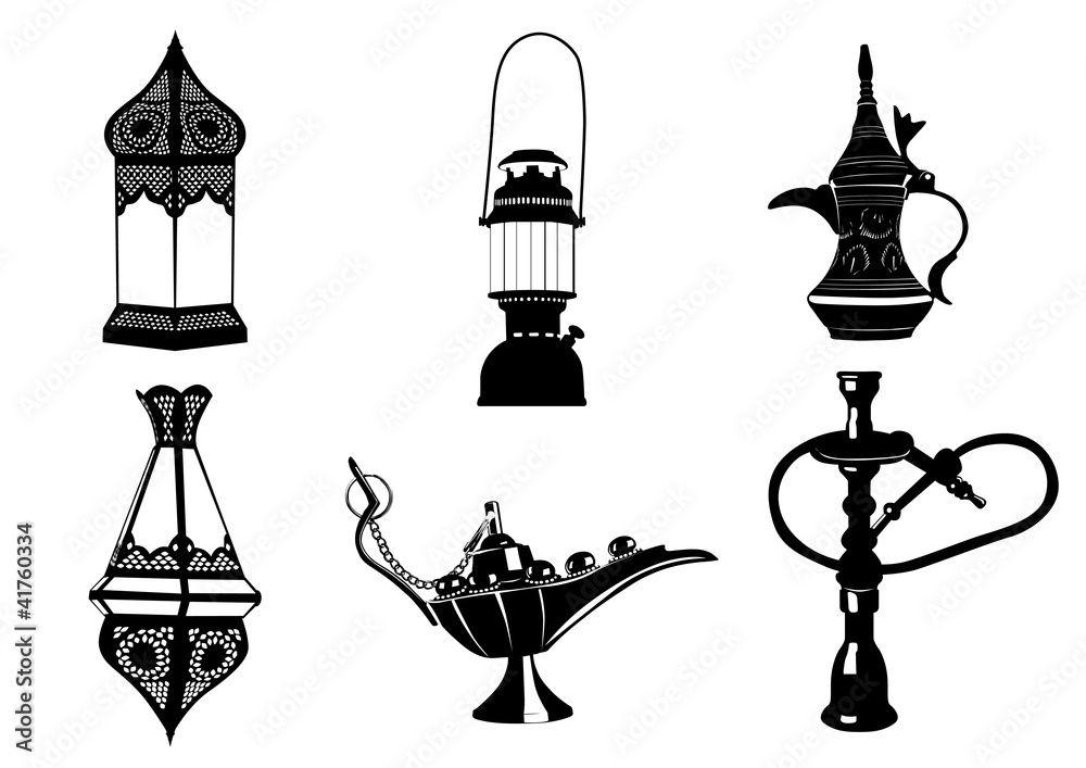 Middle Eastern Vector Illustrations - Lamps, Coffee Pot, Hookah
