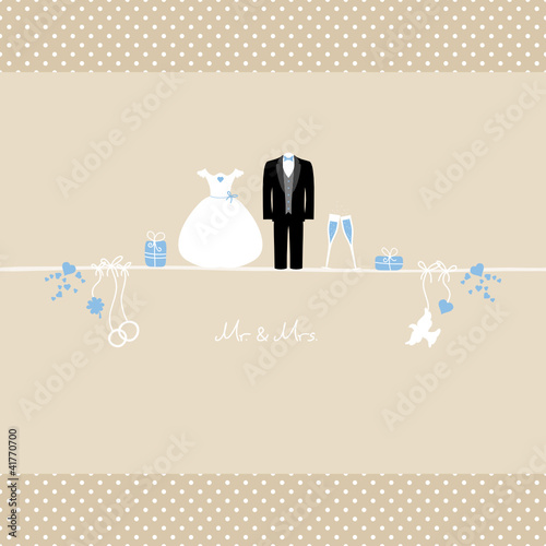 Wedding Symbols Mr. & Mrs. Blue Beige Background Dots
