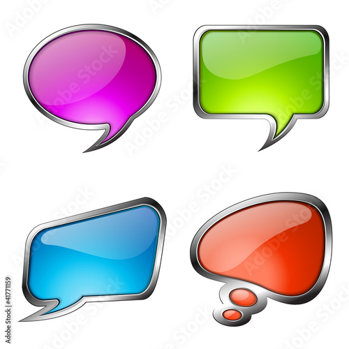 Set of colorful glass speech bubbles with metallic frame