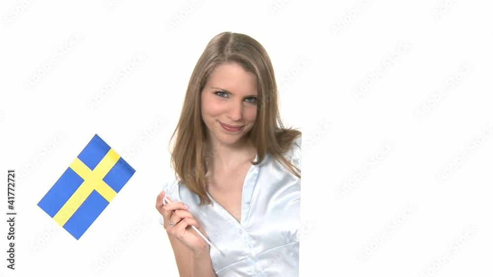 Woman shows Flag with Copyspace