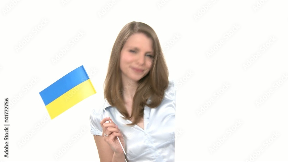 Woman shows Flag with Copyspace