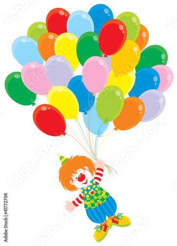Circus clown flies with balloons